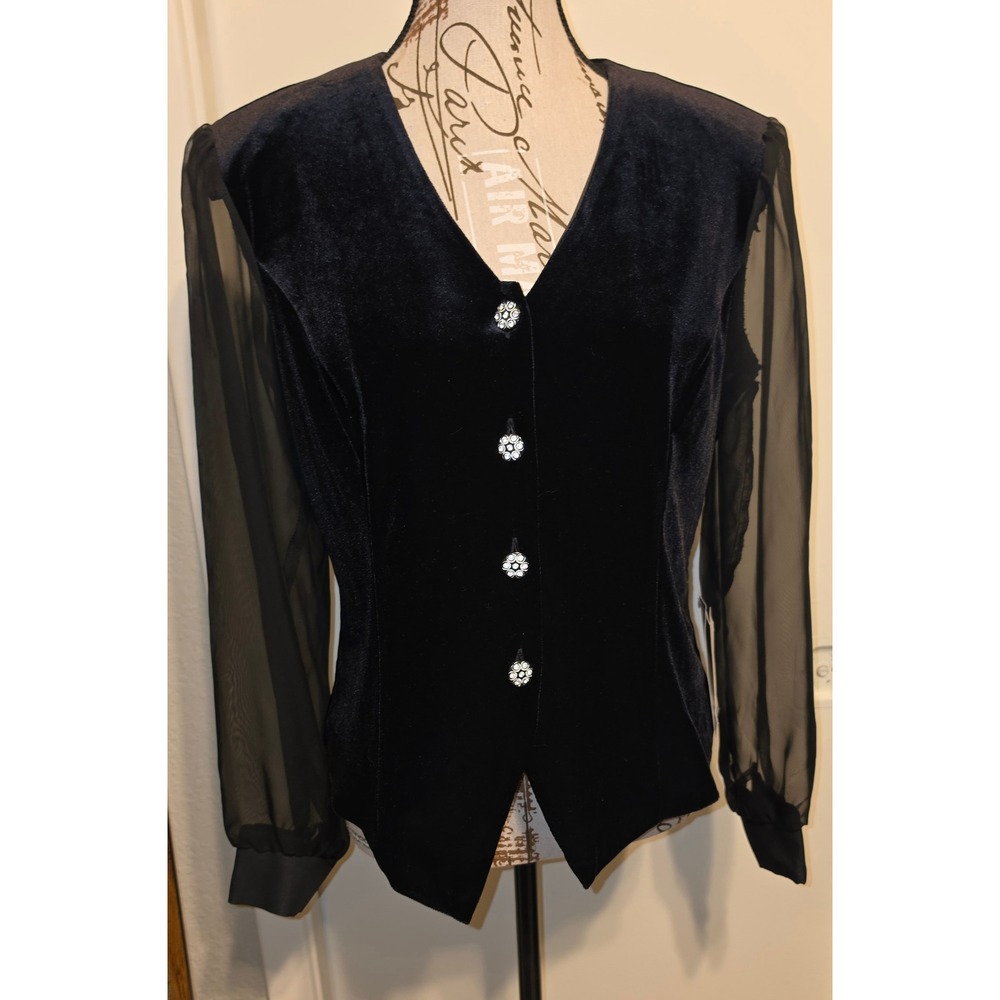 Another Thyme Vintage Black Velvet Sheer Sleeve Rhinestone Button Top New W/Tags